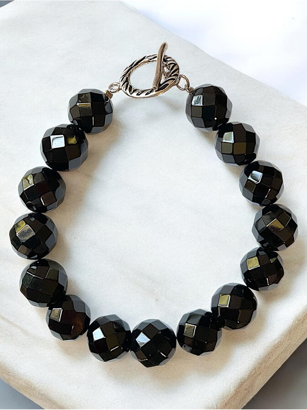 Vintage Sterling Silver Toggle Clasp Black Glass Bead Retro Bracelet